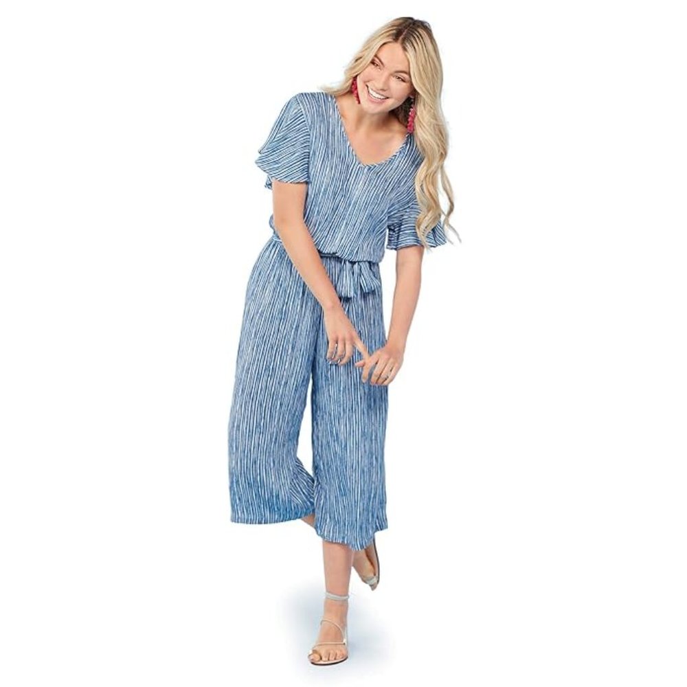 Mudpie Blue/White Striped Rayon Julie Jumpsuit Women Small~NWT~